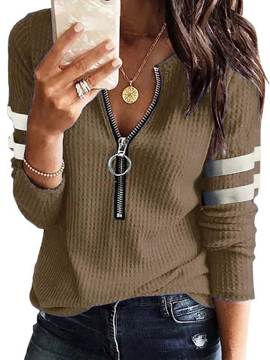 Veleaee V-Neck Zipper Splicing Long Sleeve T-shirt(6 colors)