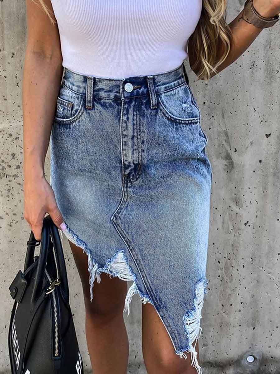Veleaee Irregular Fringed Denim Skirt