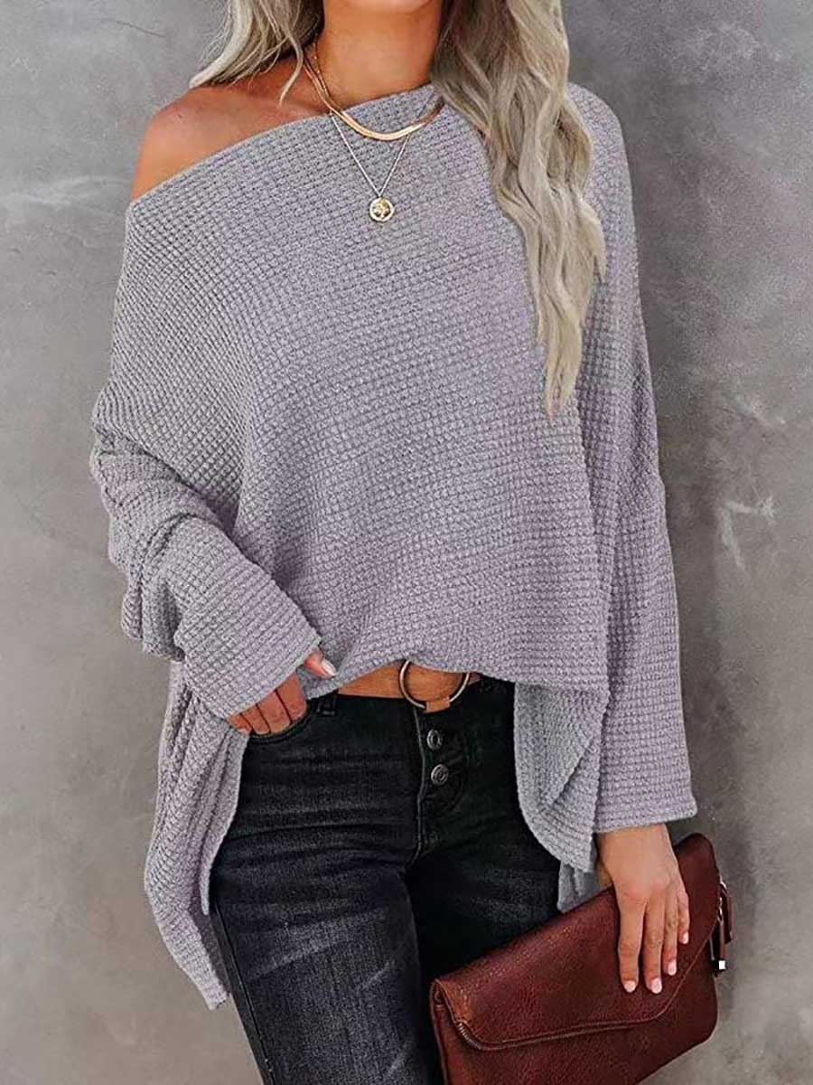 Veleaee Solid Color Knitted Bat Long Sleeve Sweater