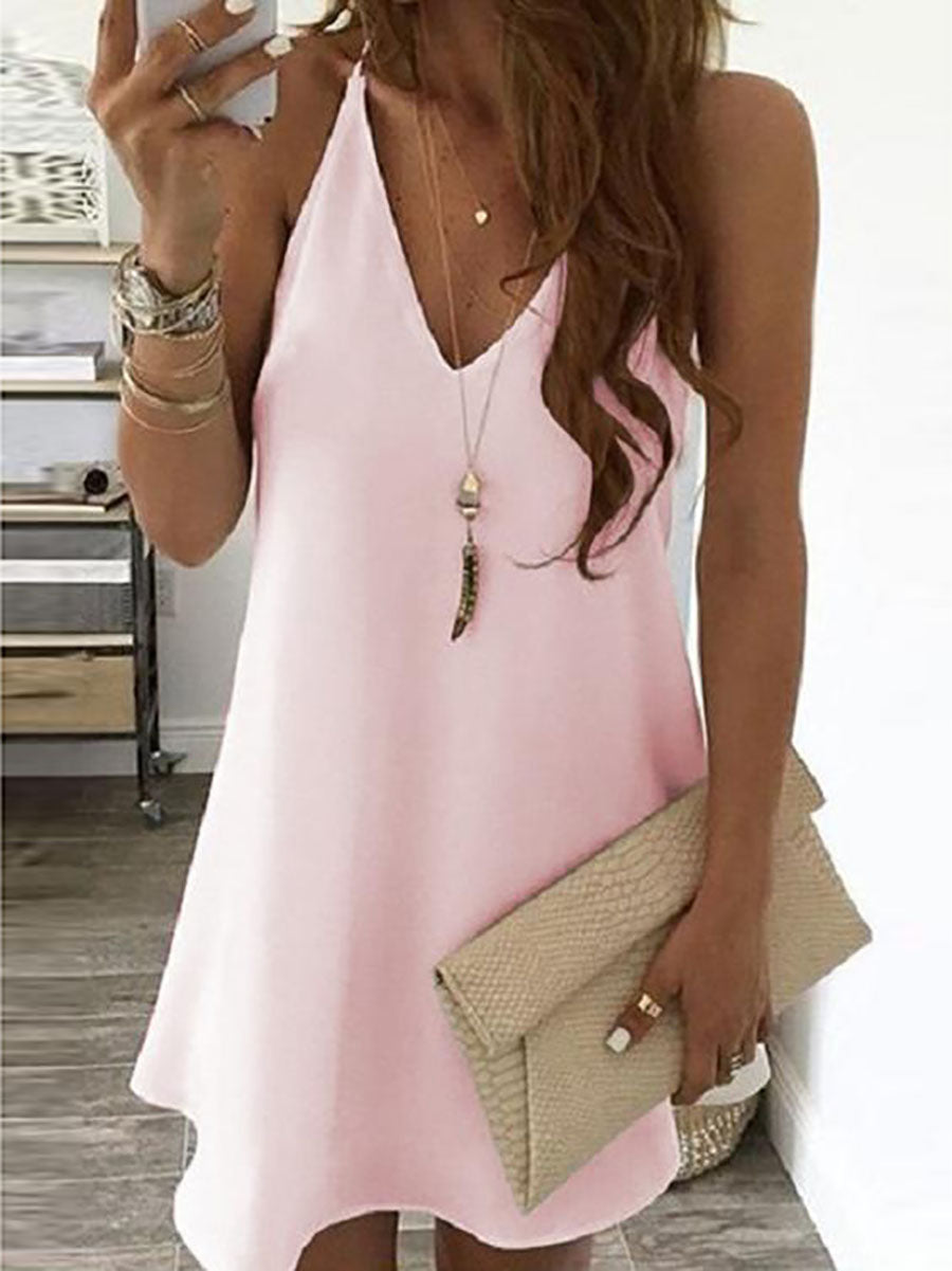 Veleaee Solid V Neck Sleeveless Mini Dress