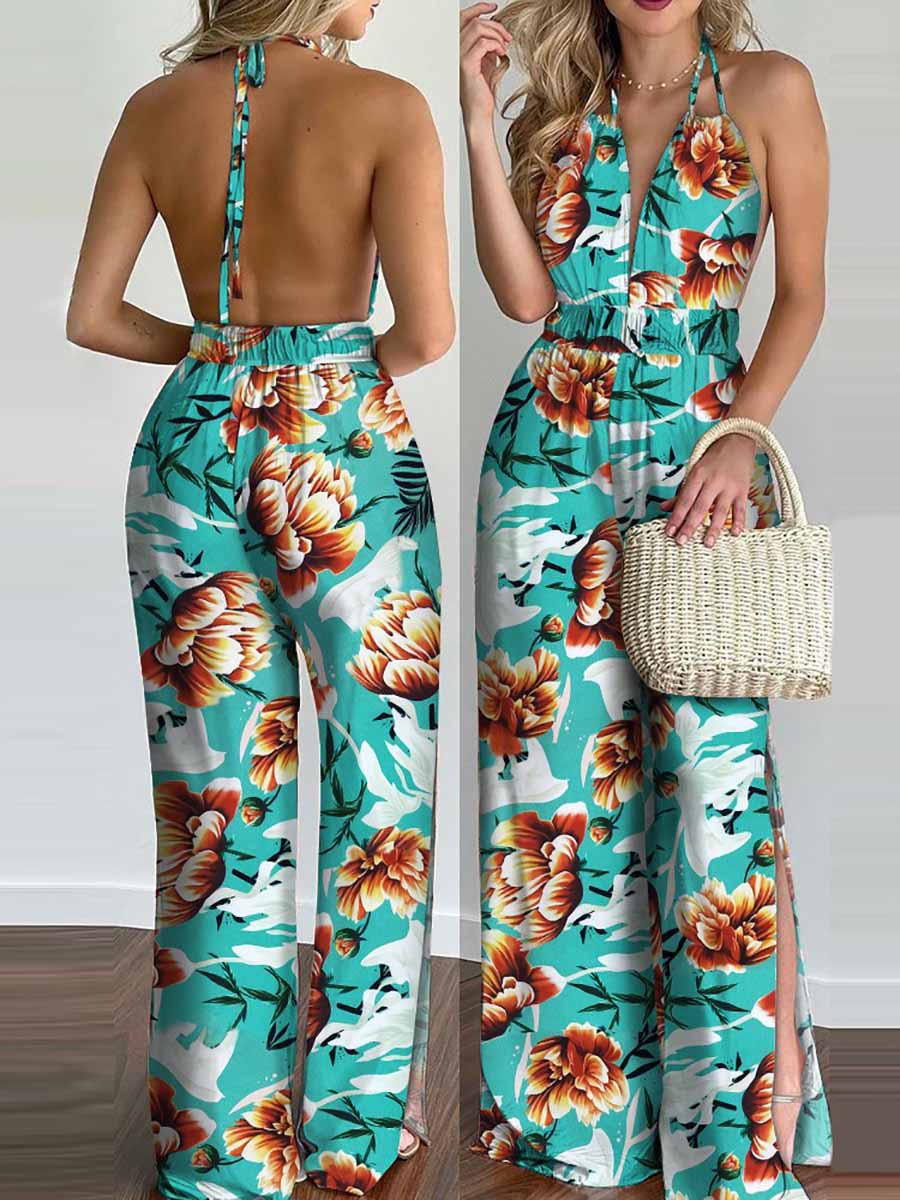 Veleaee Printed Hanging Neck Sexy Backless Split Jumpsuit