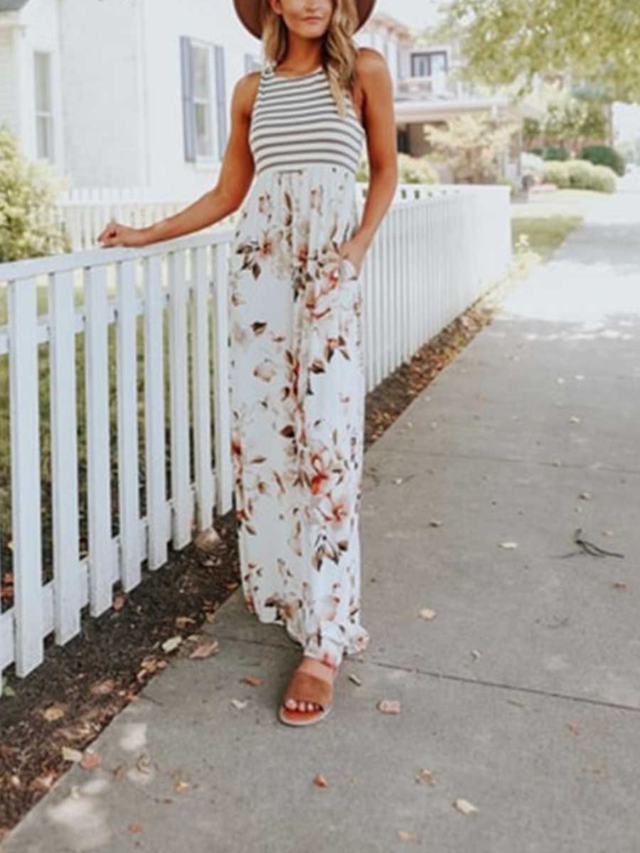 Veleaee Stripe Print Pocket Dress