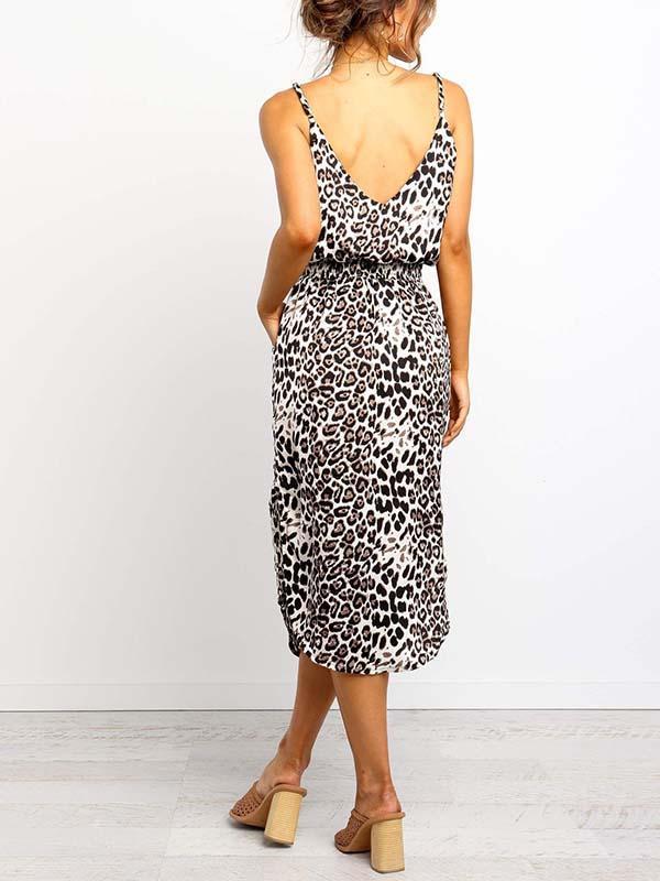 Veleaee Leopard Slit Dress With Pocket