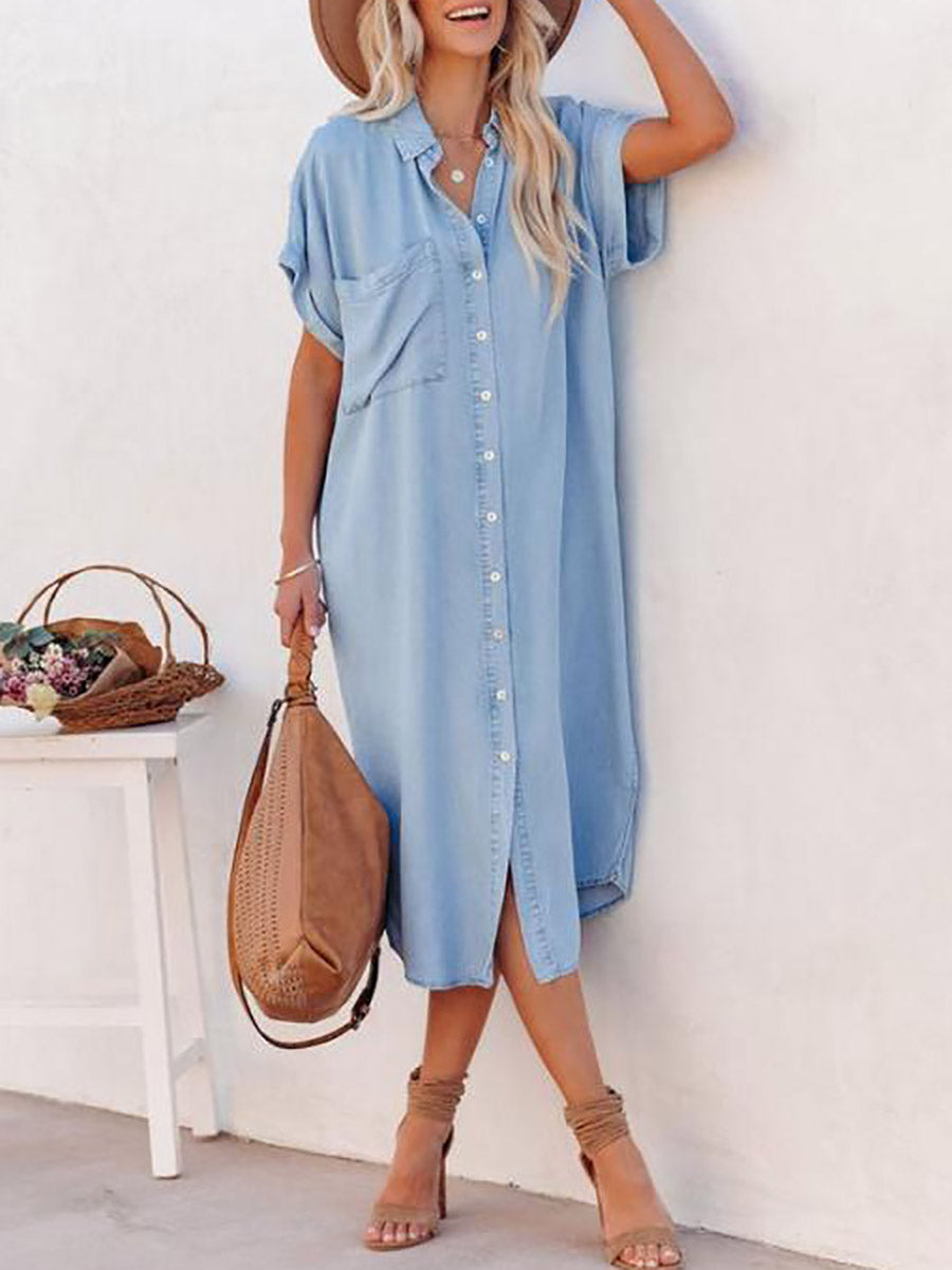 Veleaee Solid Color Denim Dress