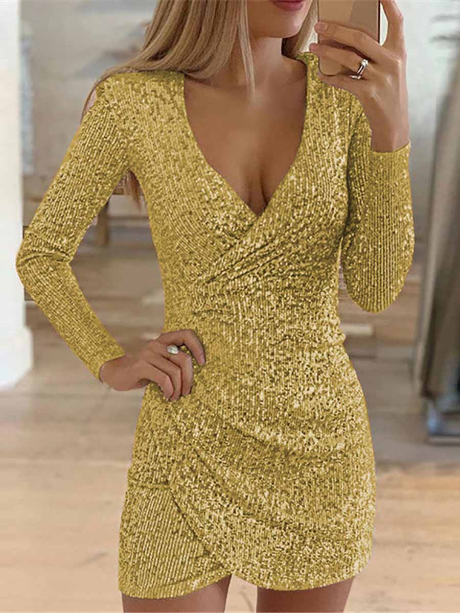 Veleaee V-Neck Irregular Sequin Party Dress(9 colors)