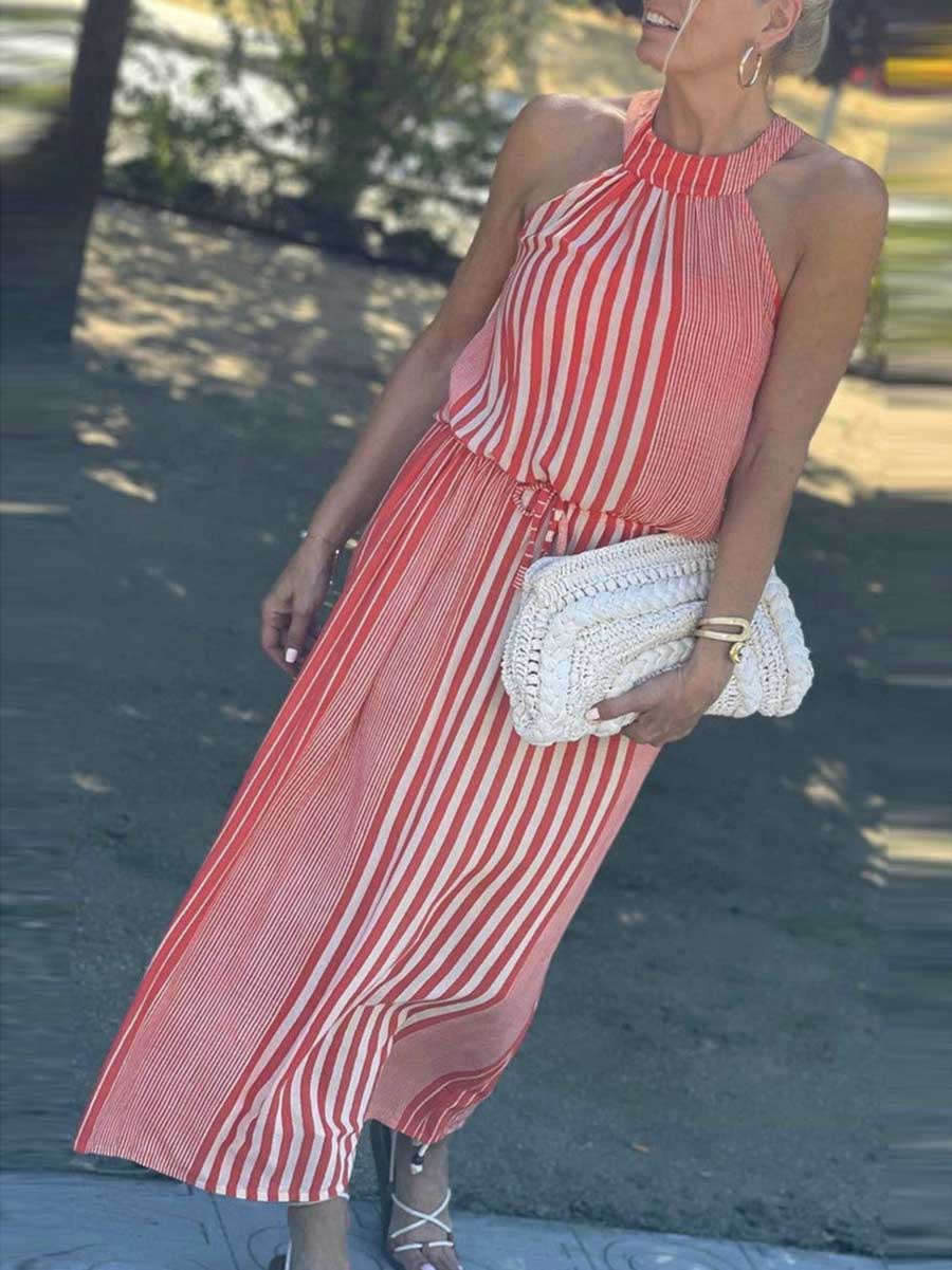 Veleaee Sleeveless Round Neck Striped Dress