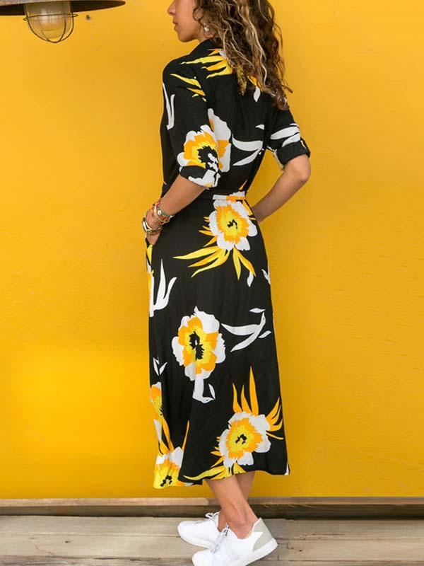 Veleaee Printed V-neck Belt Dress