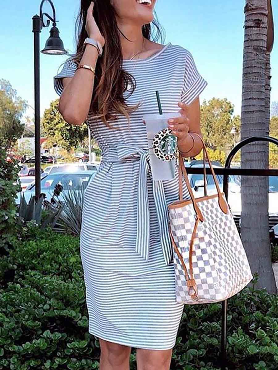 Veleaee Short Sleeve Pinstripe Round Neck Casual Wear Dress