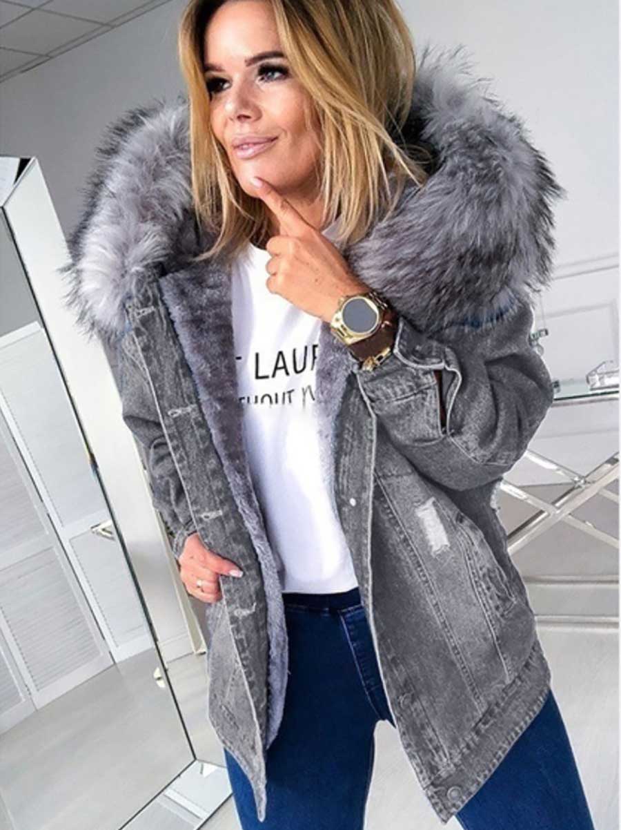 Veleaee Padded Warm Hole Large Fur Collar Denim Jacket(4 colors)
