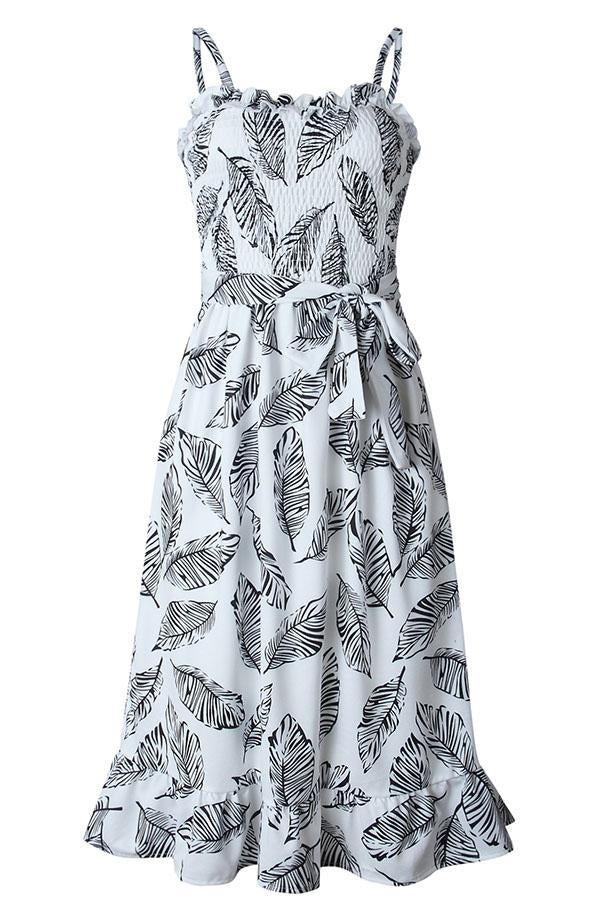 Veleaee Sleeveless Leaf Print Spaghetti Strap Casual Wear Dress