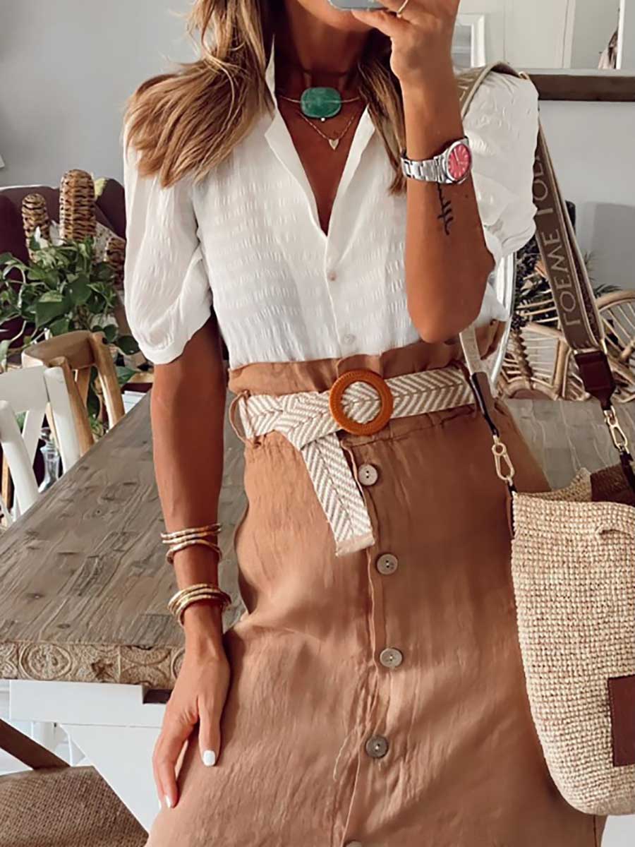 Veleaee Cotton Linen Button Half Skirt