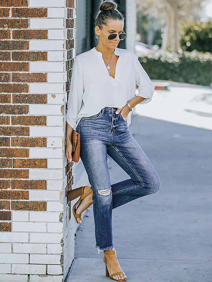 Veleaee Ripped Straight-Leg Jeans