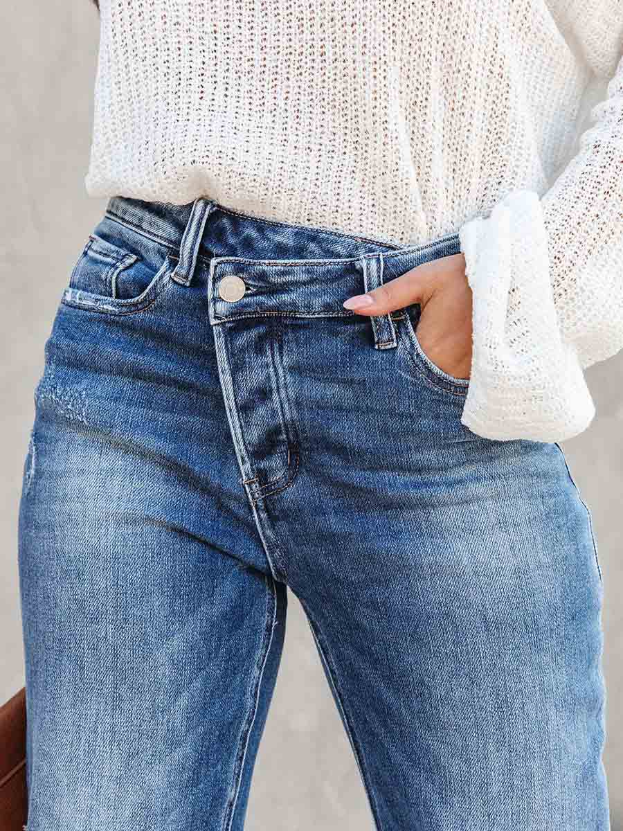 Veleaee Casual Street Solid Make Old Asymmetrical Straight Denim Jeans