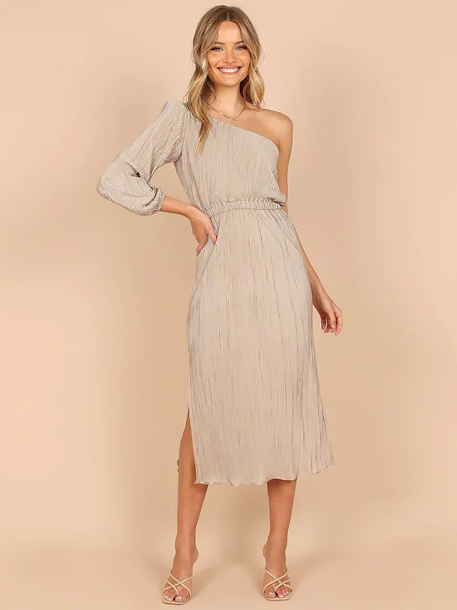 Veleaee One-Shoulder Slash Neck Solid Color Party Dress(3 Colors)