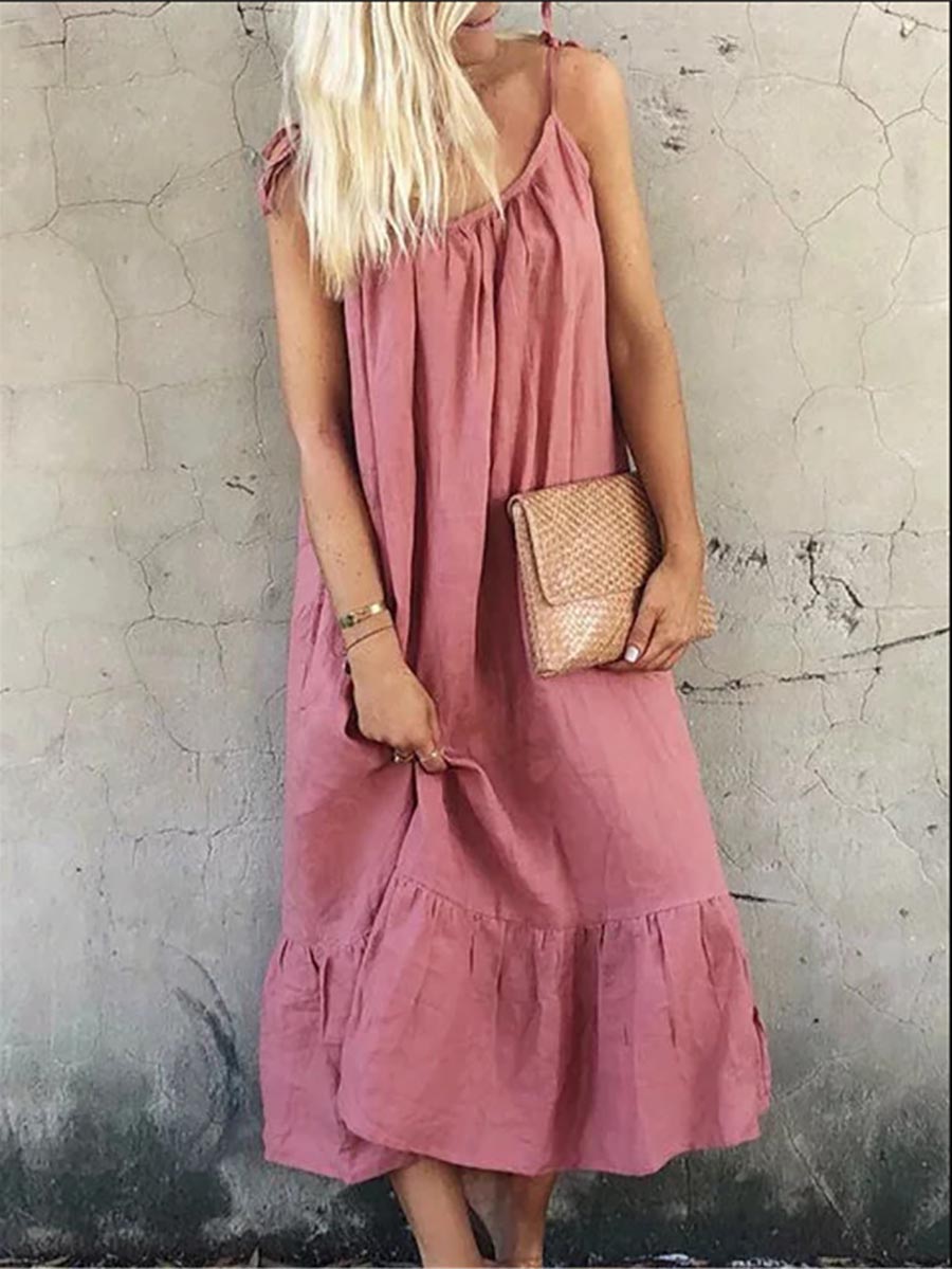 Veleaee Cotton Linen Halter Solid Color Ruffle Dress