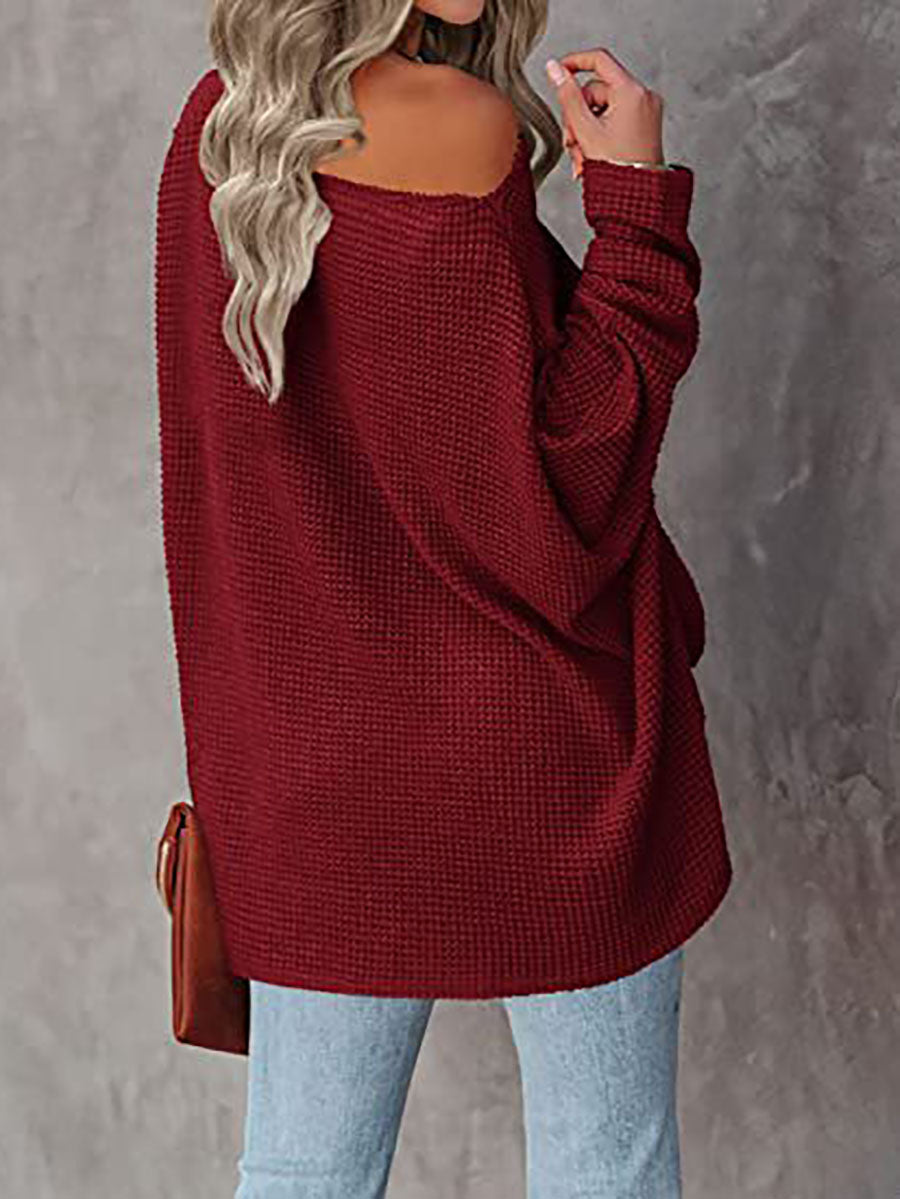 Veleaee Solid Color Knitted Bat Long Sleeve Sweater