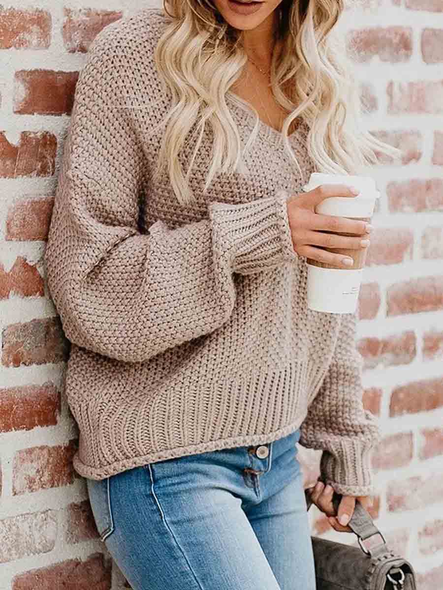 Veleaee Loose Knit V-neck Sweater