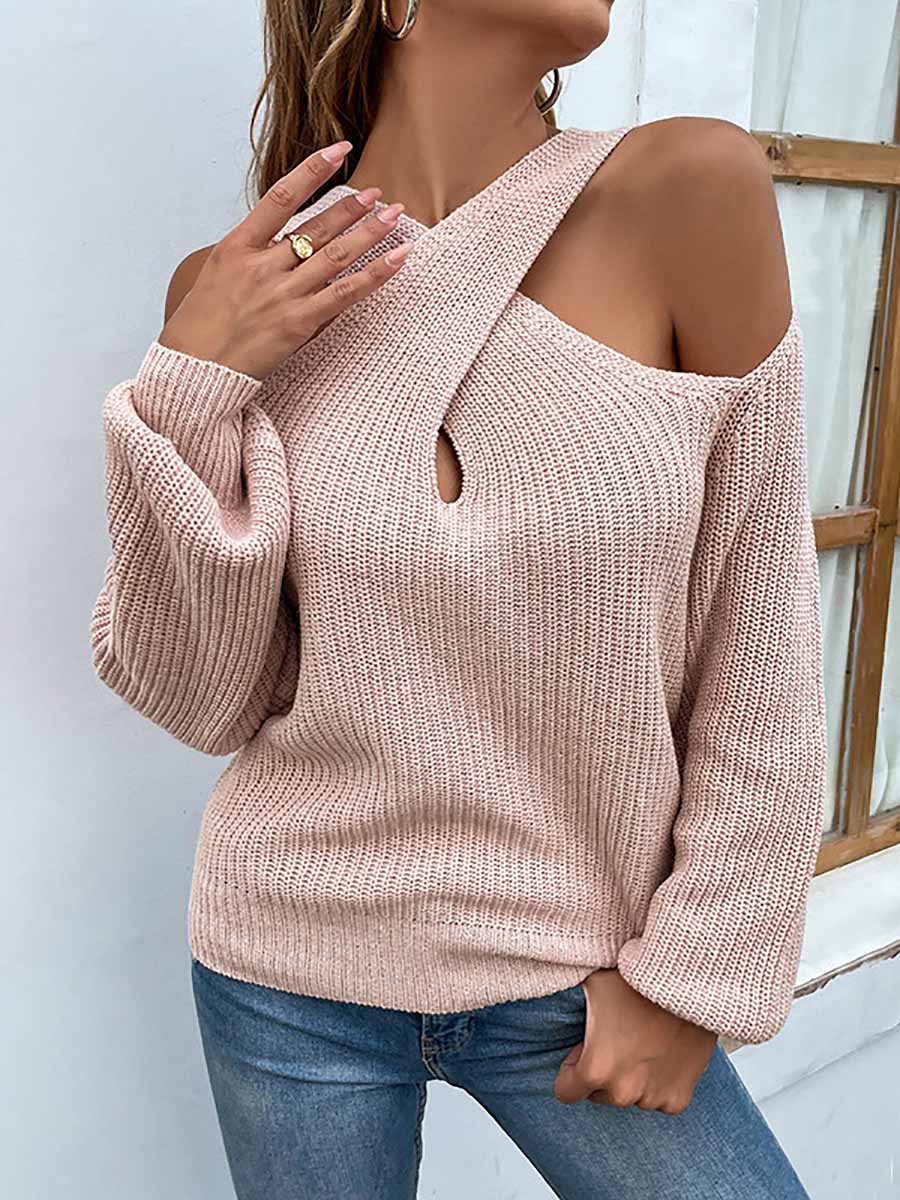 Veleaee Solid Color Crossed Hanging Shoulder Knit Sweater