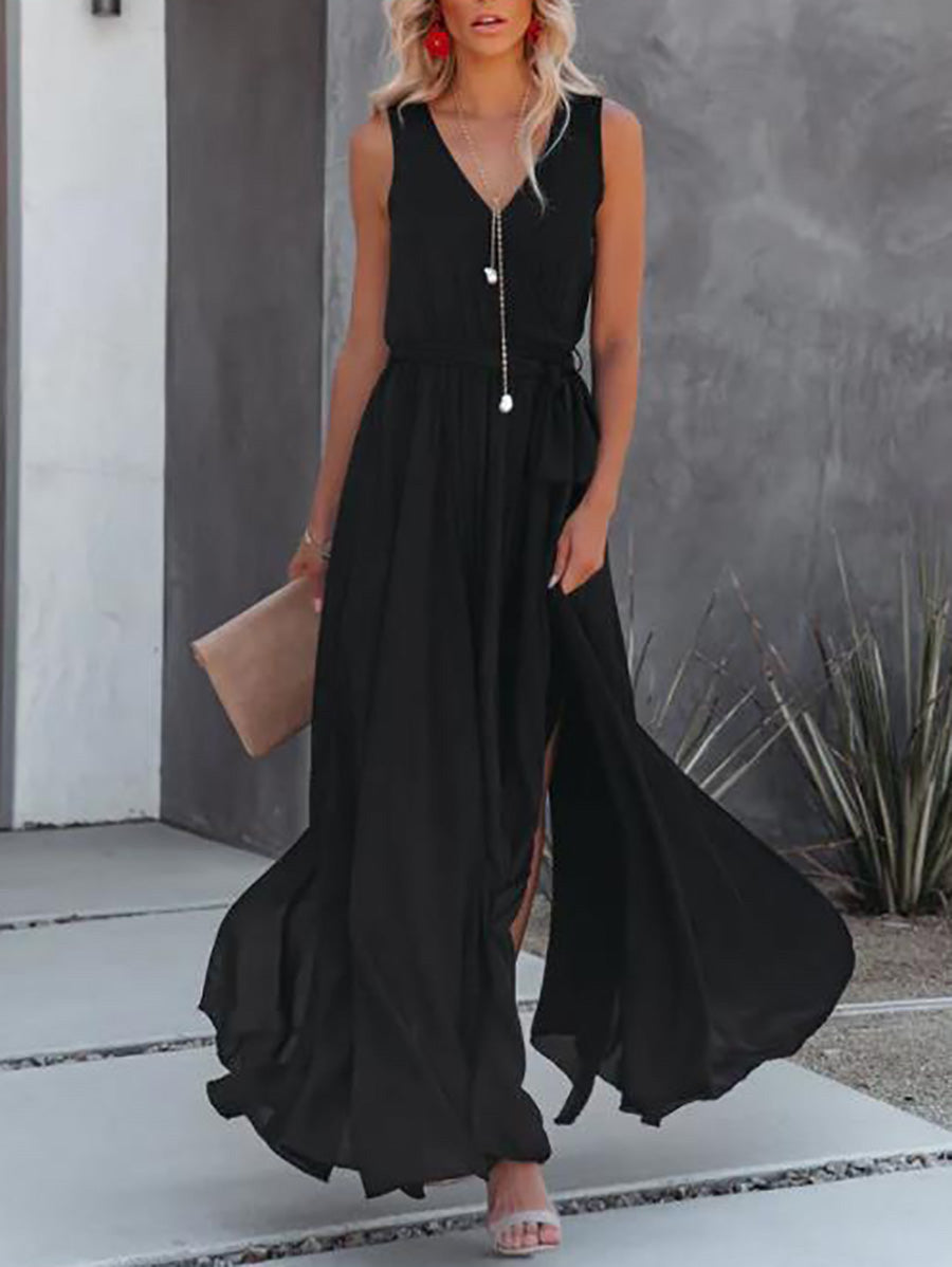 Veleaee V-Neck Sleeveless Solid Color Dress