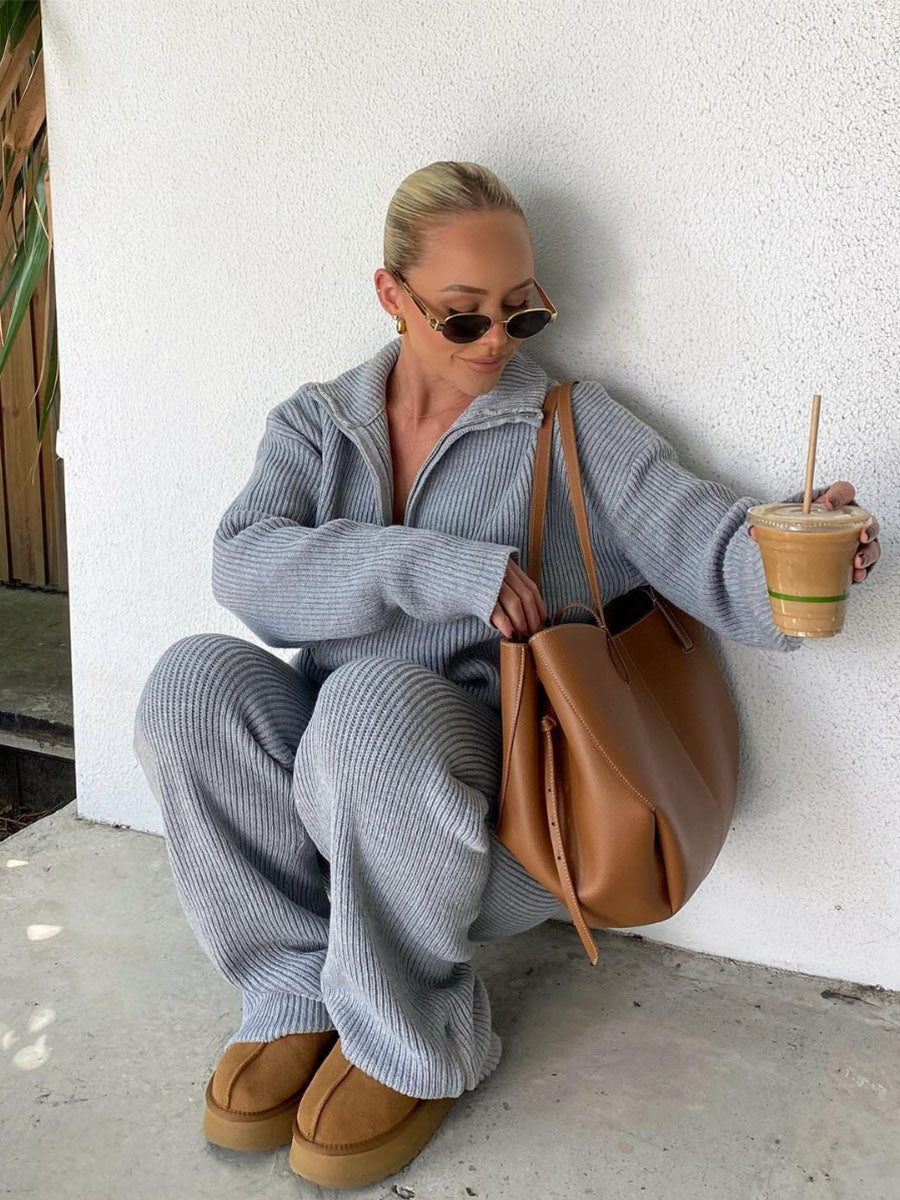 Cozy Ribbed Half Zip Lounge Set