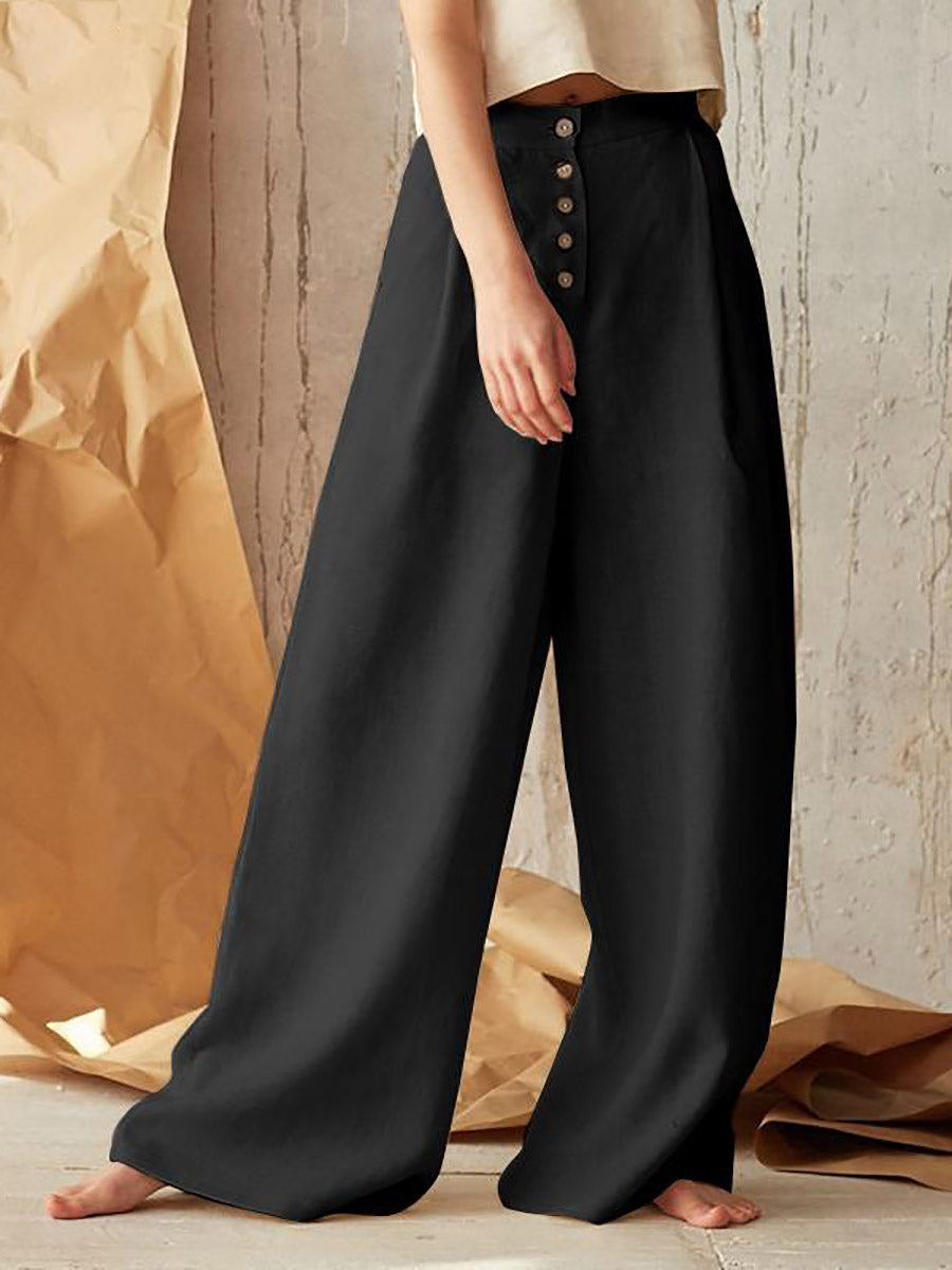 Veleaee Solid Color High Waist Casual Button Wide Leg Pants