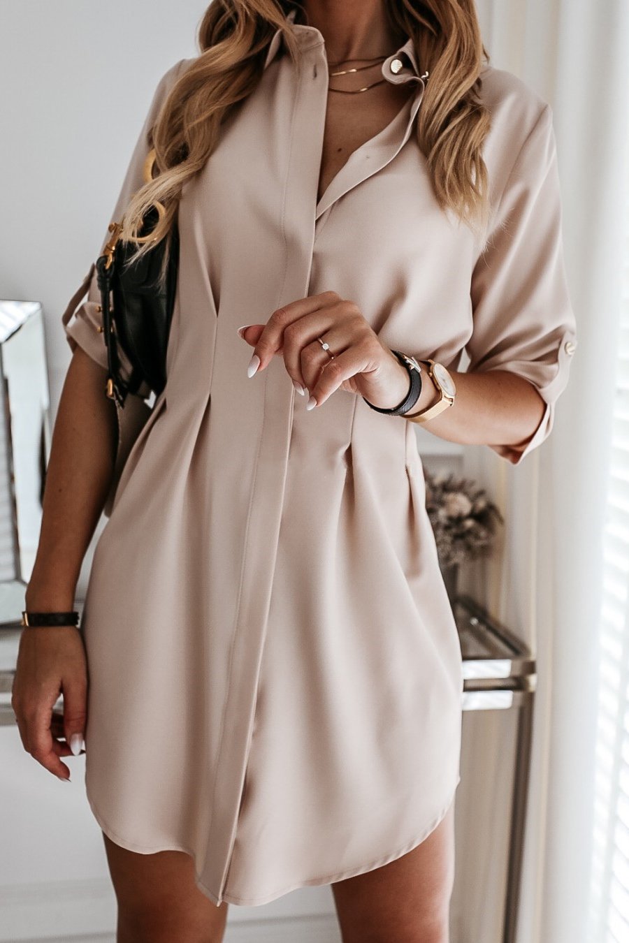 Veleaee Solid Color Shirt Collar Mini Dreess