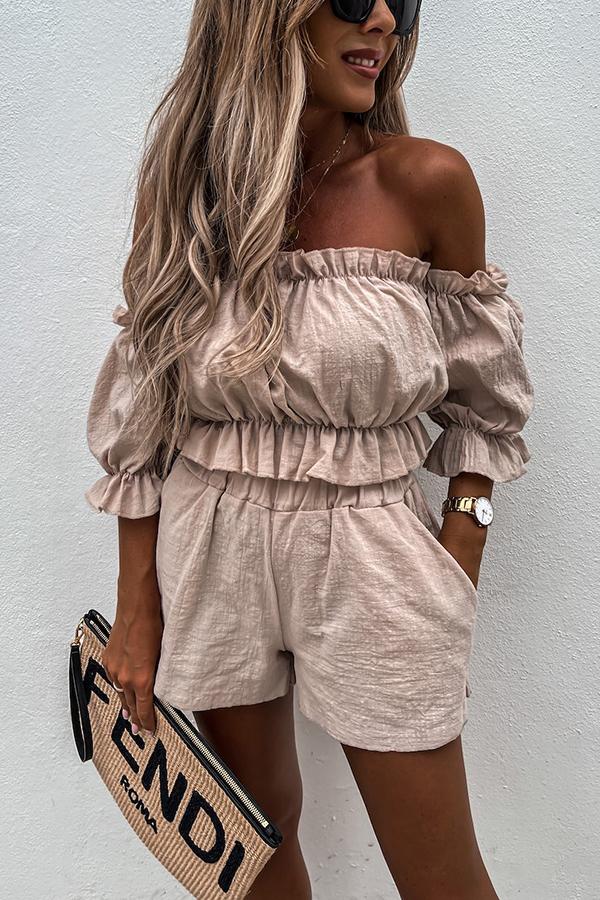 Veleaee Summer Off Shoulder Linen Shorts Suit