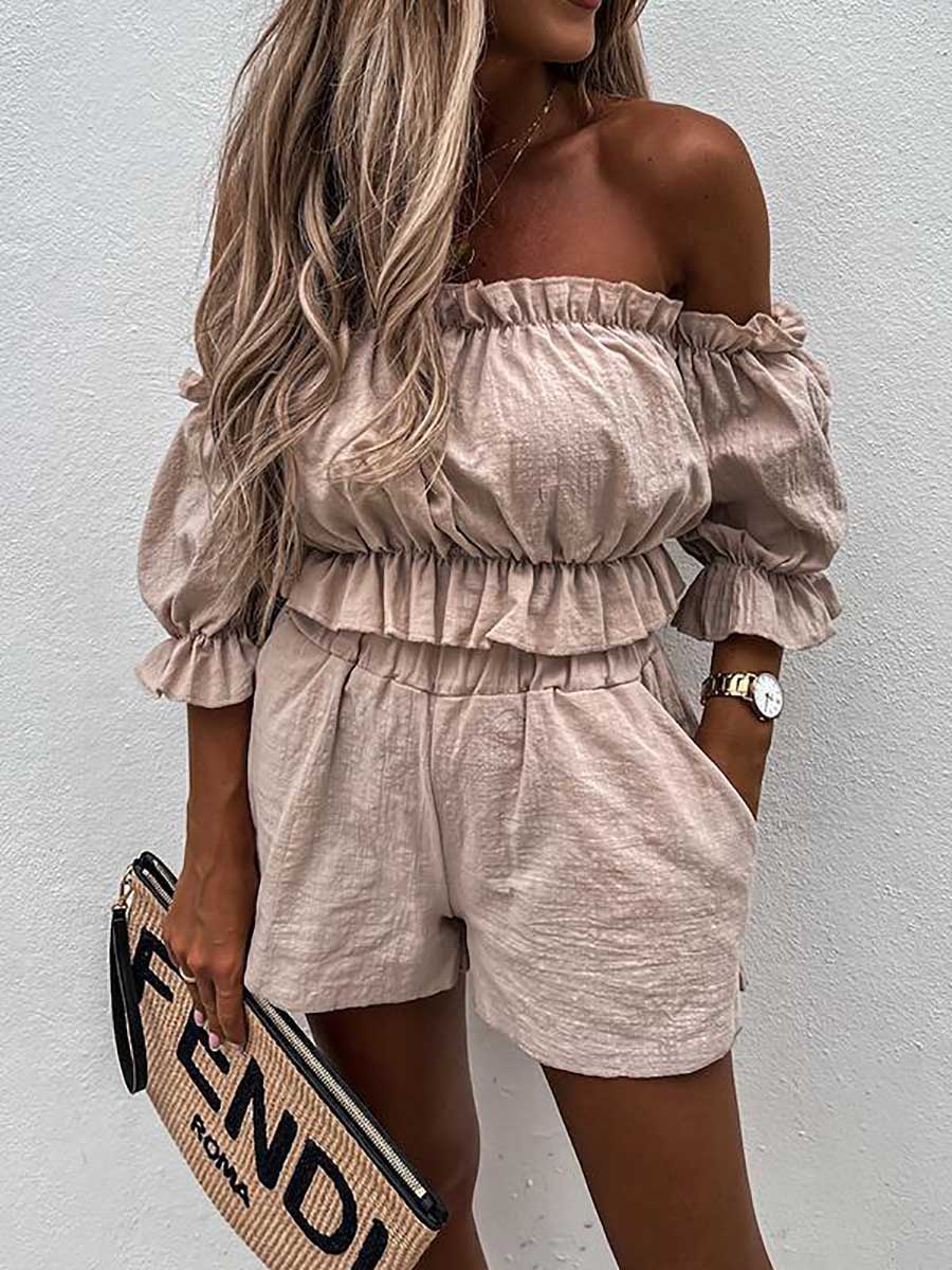 Veleaee Summer Off Shoulder Linen Shorts Suit