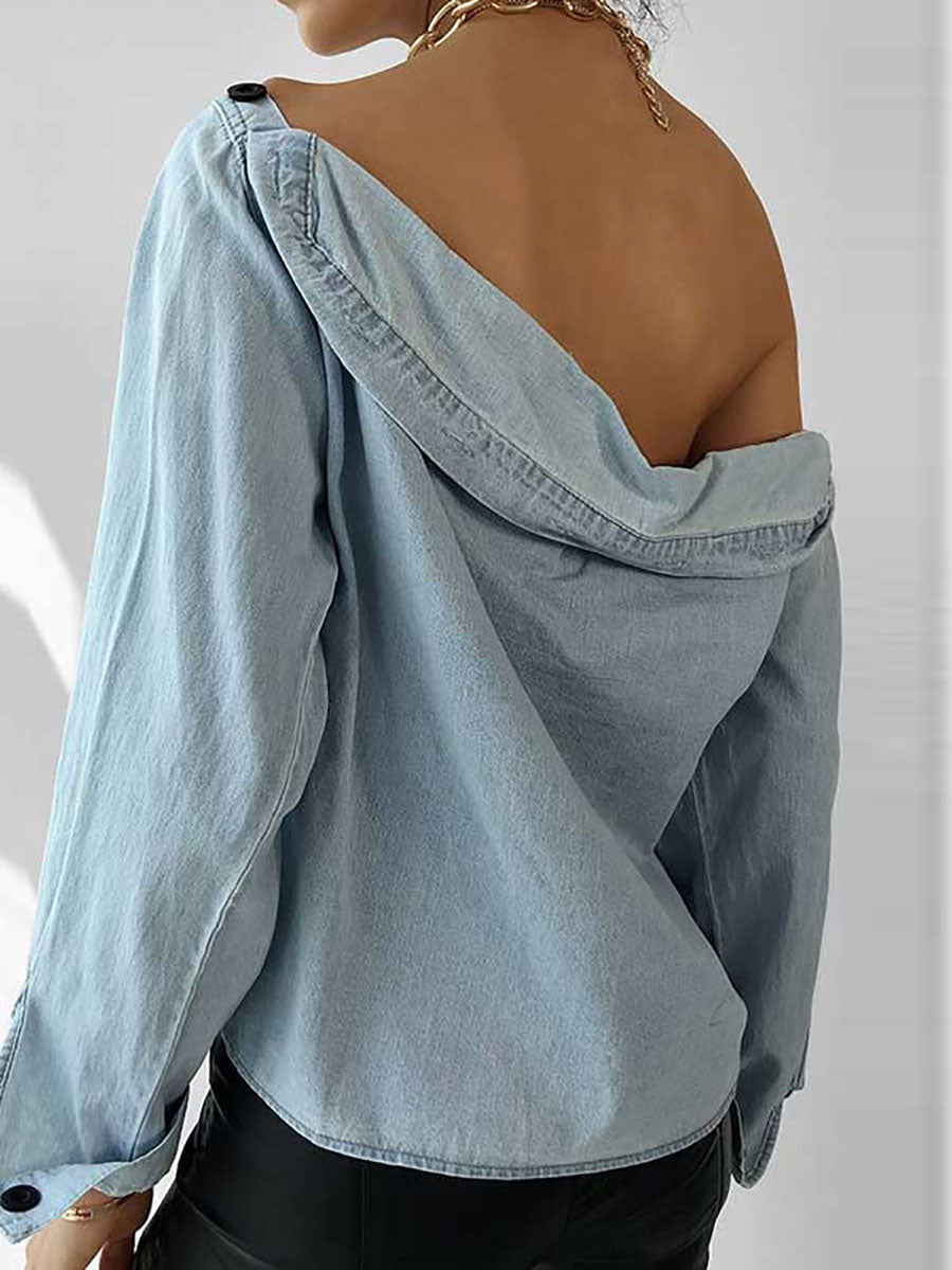 Veleaee Off-Shoulder Button Denim Shirt