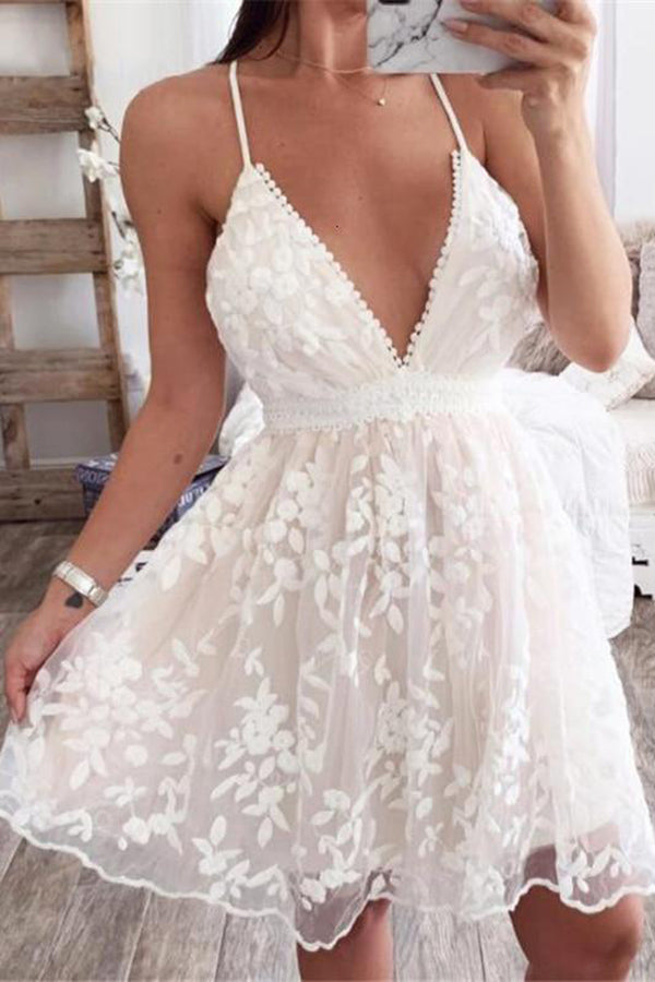 Veleaee V-Neck Lace Embroidered White Dress
