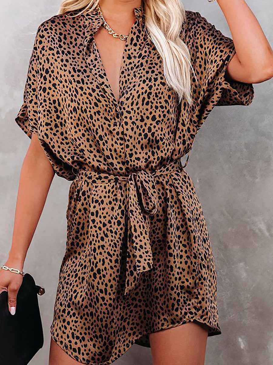 Veleaee Leopard Satin Tie Dress