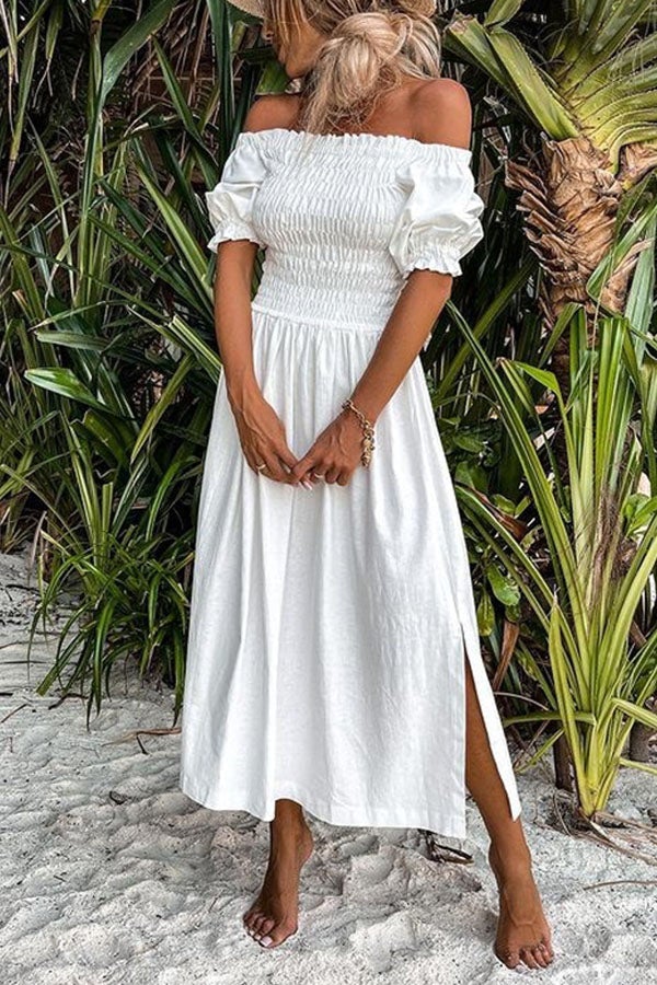 Veleaee Forever After All Smocked Off Shoulder Slit Dress