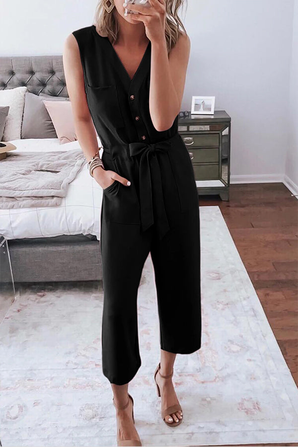Veleaee Buttoned Sleeveless Cropped Jumpsuit With Sash
