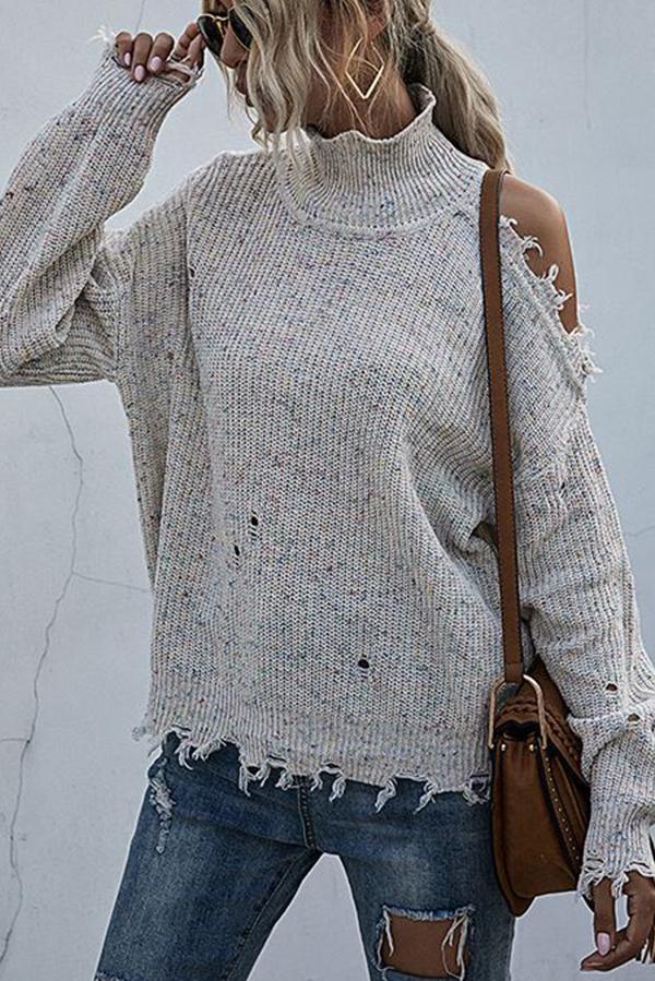 Veleaee Loose Off-shoulder Ripped Long-sleeved High-neck Knitted Sweater