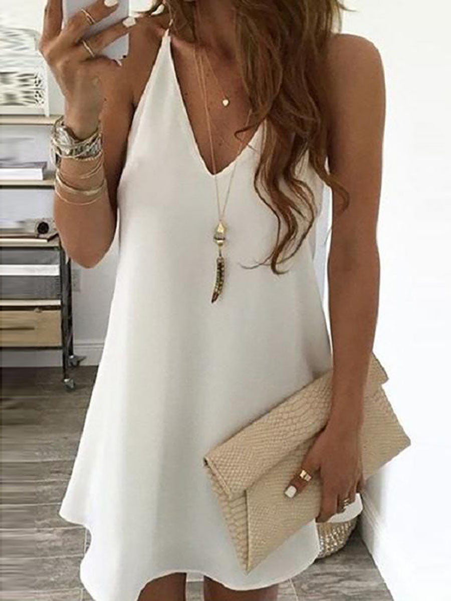 Veleaee Solid V Neck Sleeveless Mini Dress