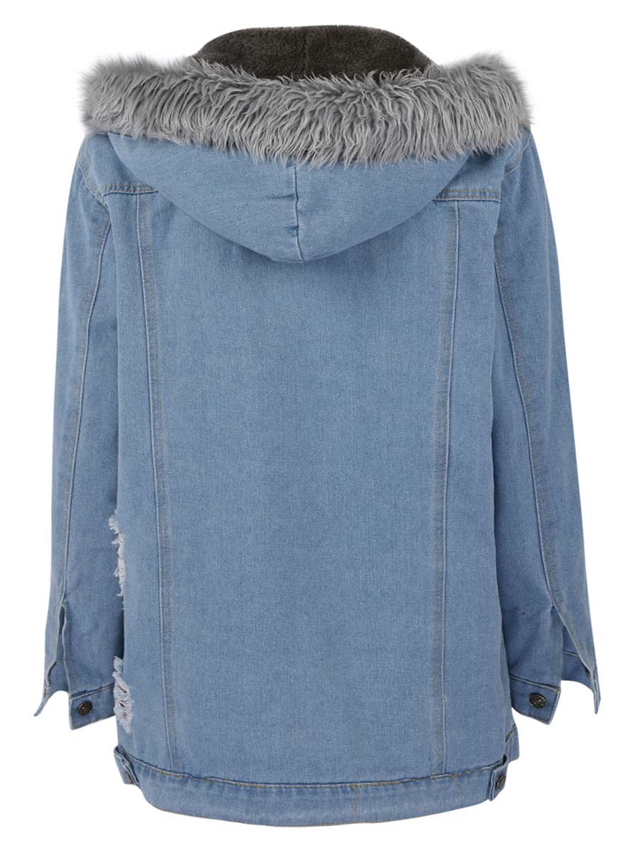 Veleaee Padded Warm Hole Large Fur Collar Denim Jacket(4 colors)