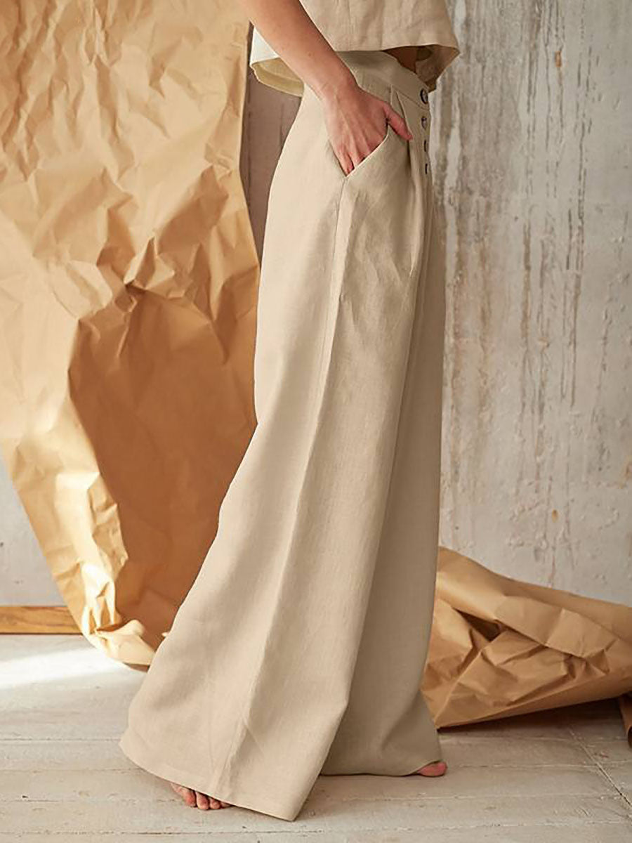 Veleaee Solid Color High Waist Casual Button Wide Leg Pants