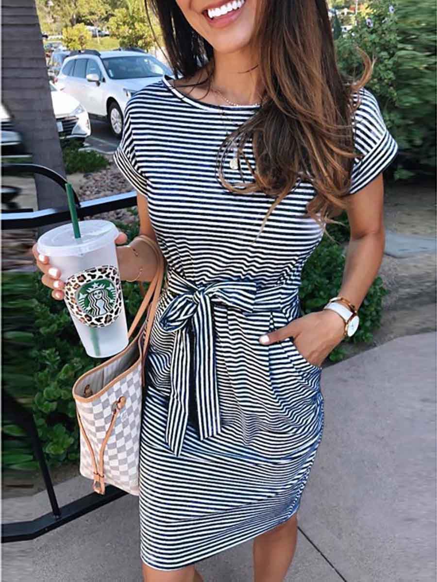 Veleaee Short Sleeve Pinstripe Round Neck Casual Wear Dress