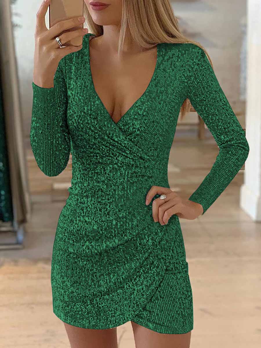 Veleaee V-Neck Irregular Sequin Party Dress(9 colors)