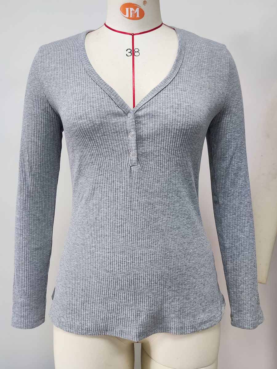 Veleaee Solid Color V-Neck Long-Sleeved T-Shirt