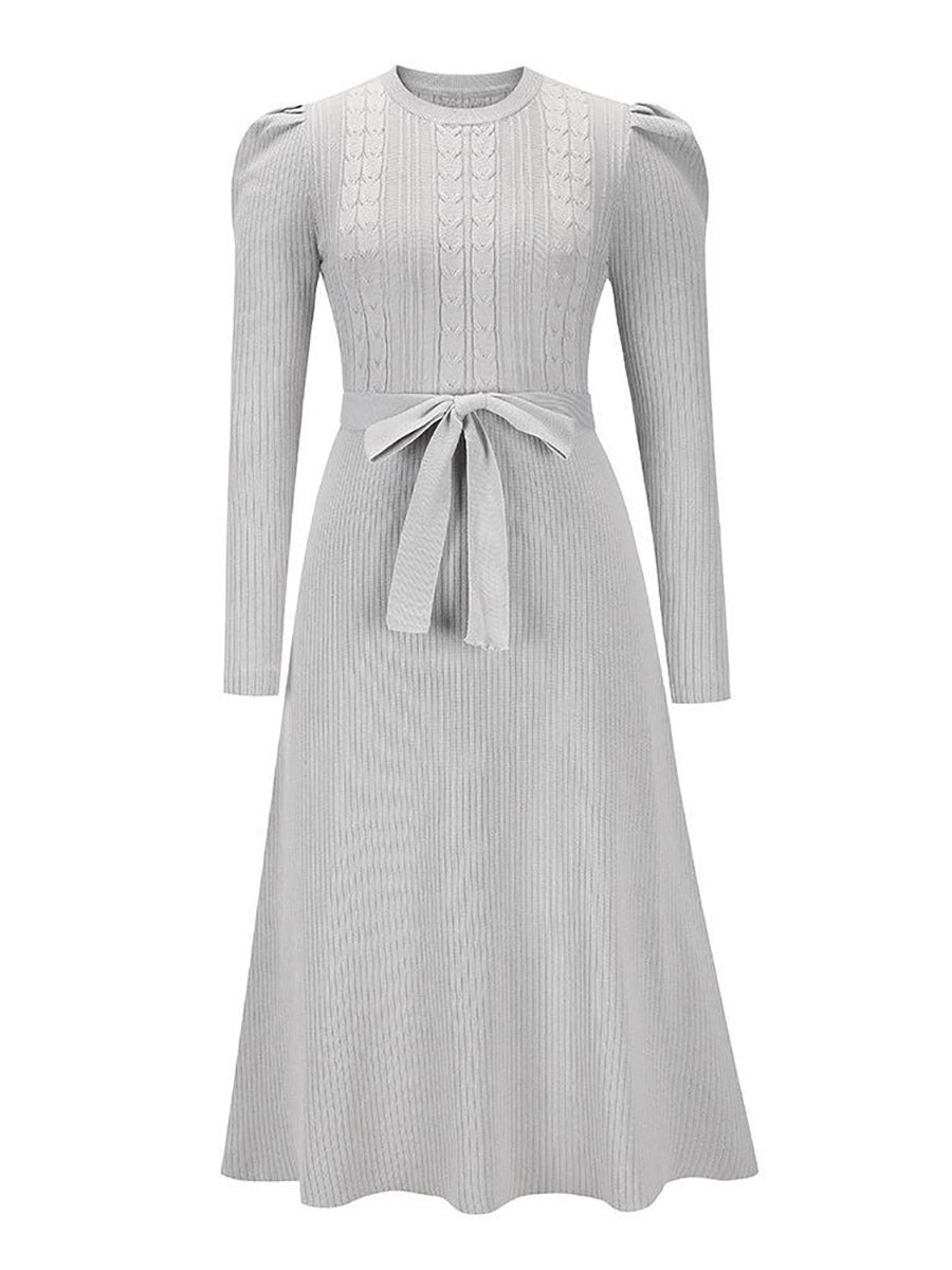 Veleaee Bubble Sleeve Belt Knit Dress (5 colors)