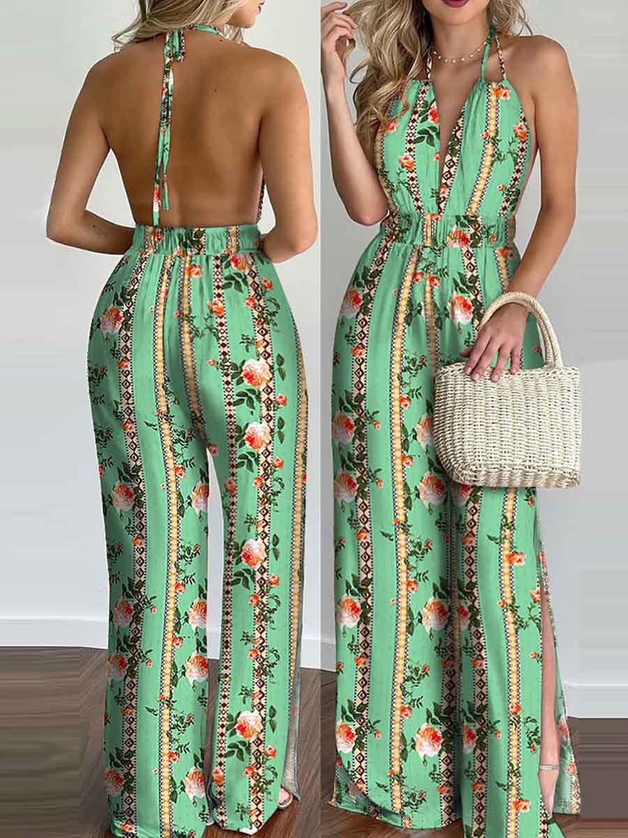 Veleaee Printed Hanging Neck Sexy Backless Split Jumpsuit