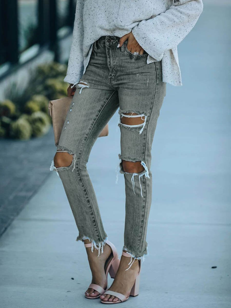 Veleaee Denim Zerrissene Ripped Jeans