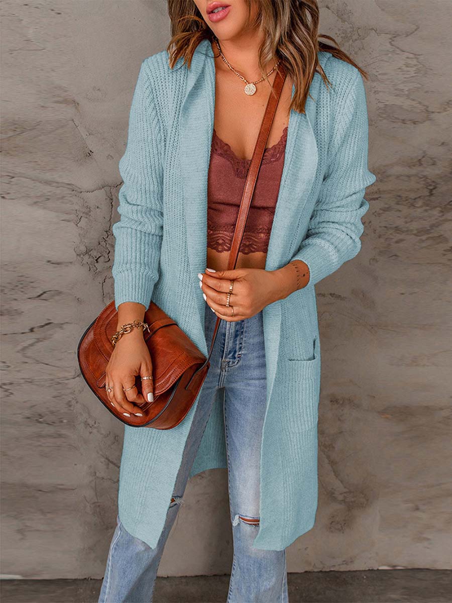 Veleaee Solid Color Hooded Sweater Jacket