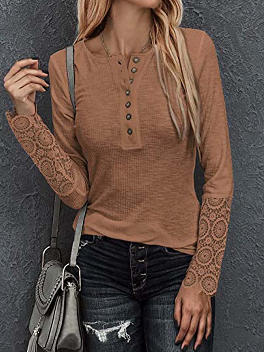 Veleaee Round Neck Stitching Lace Long Sleeve T-Shirt(14 colors)