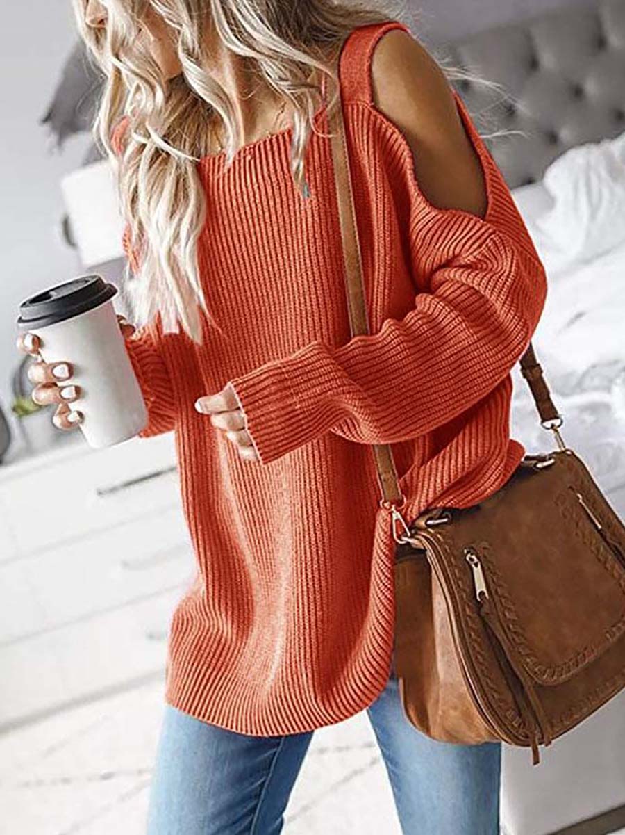 Veleaee Cold Shoulder Knit Sweater