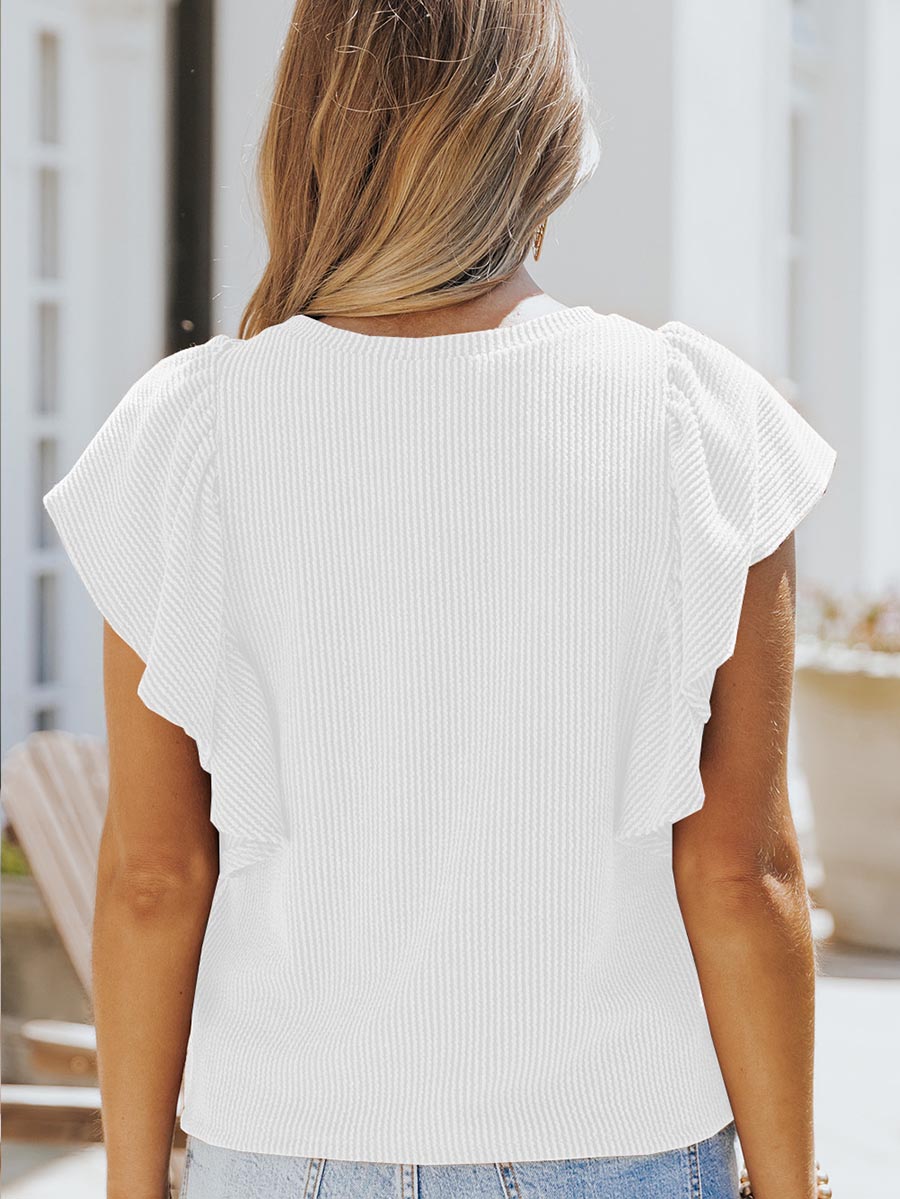 Veleaee Round Neck Ruffle Knit Casual T-shirt