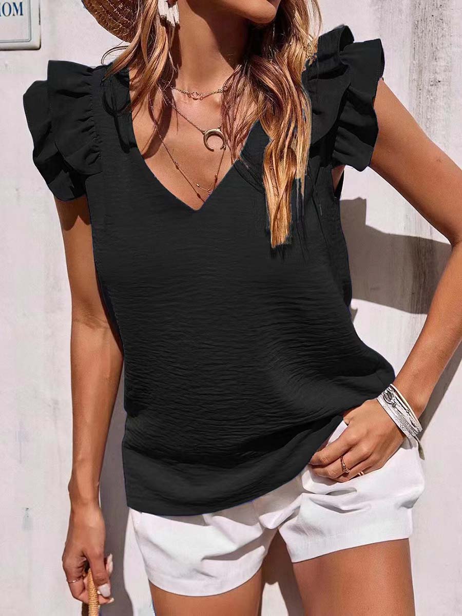 Veleaee Casual V-Neck Ruffle Sleeveless Shirt (5 Colors)