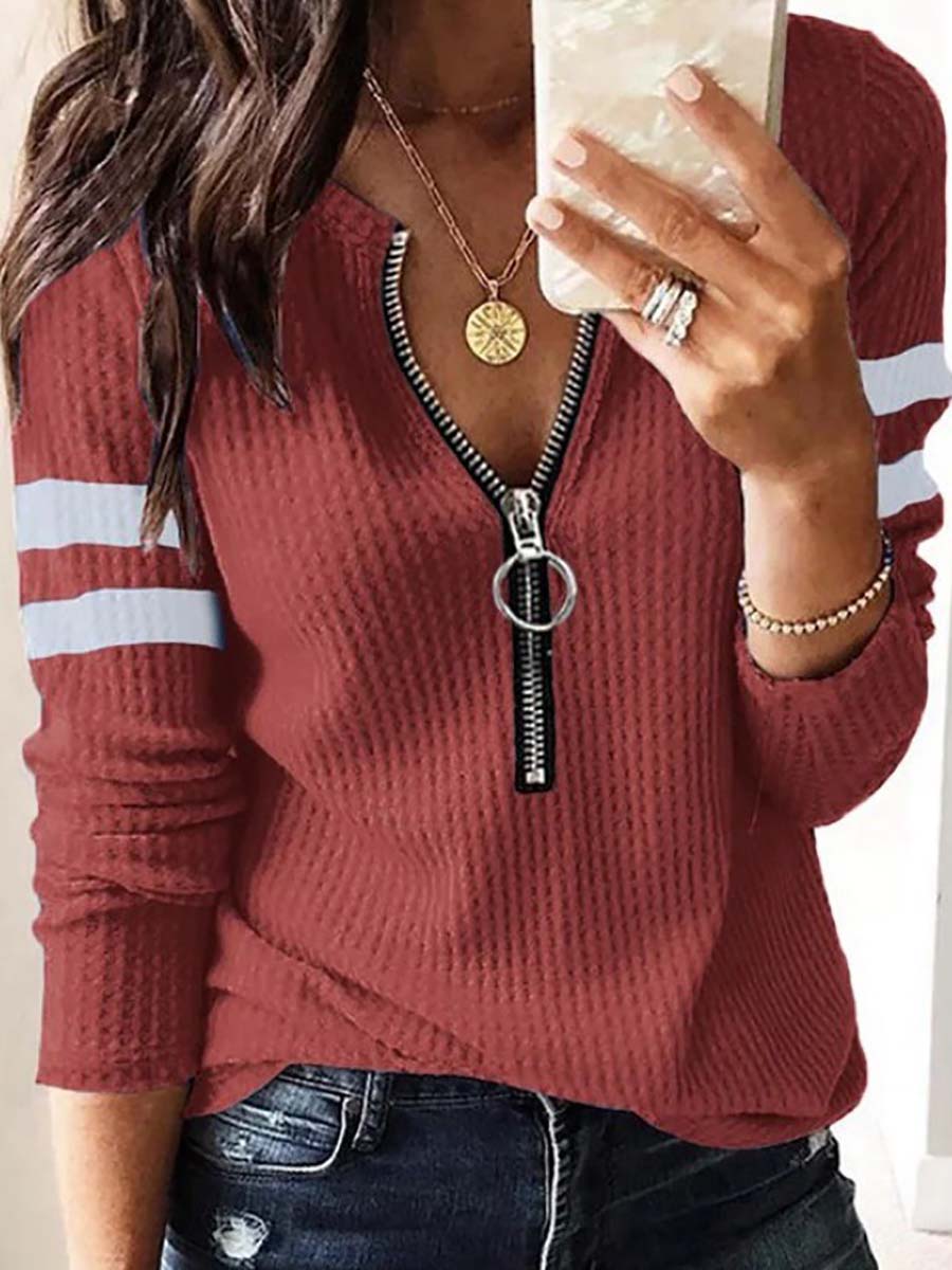 Veleaee V-Neck Zipper Splicing Long Sleeve T-shirt(6 colors)