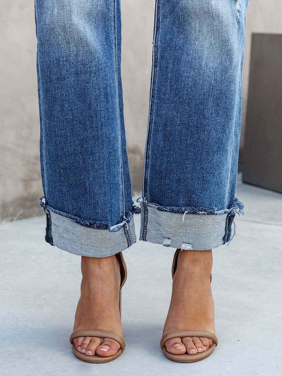 Veleaee Casual Street Solid Make Old Asymmetrical Straight Denim Jeans